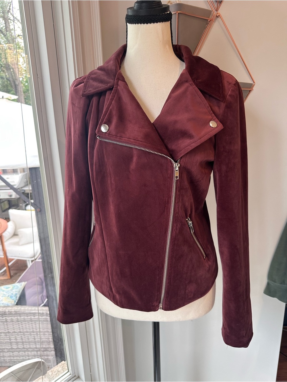 VERO MODA Velvet Moto Jacket Burgundy Red Maroon Coat Classic Fall Size Medium